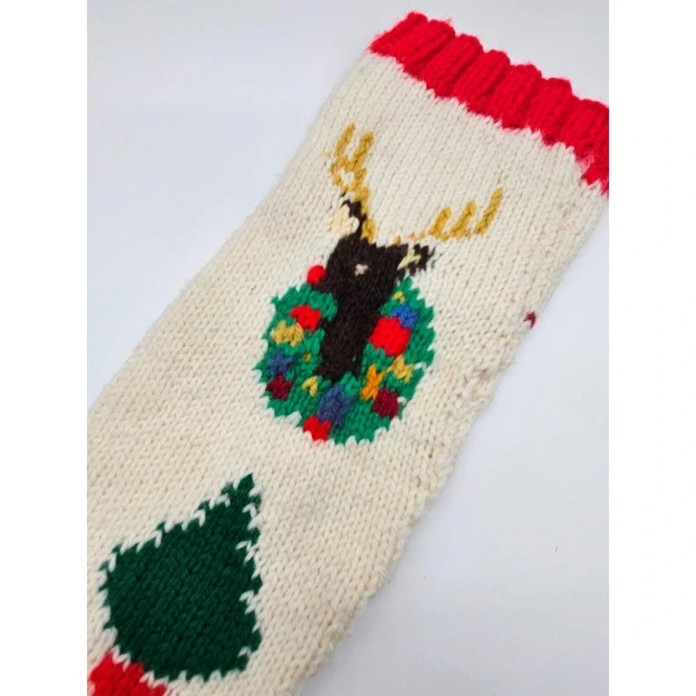 Vintage Hand Knit Christmas Stocking Reindeer Wreath Tree Red Cream Wool Blend